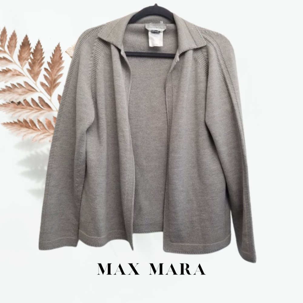MaxMara Light Grey 100% Virgin Wool Knit Open Front Cardigan Medium